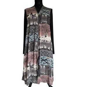 Vocal Brown Gray Boho Aztec Print Sheer Black Knit Long Sleeve V-Neck Tunic Top
